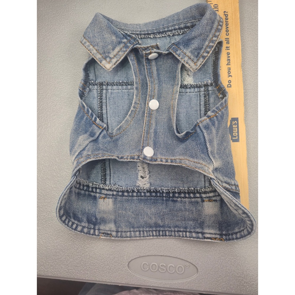 Distressed Blue Denim Dog Vest Small Pet Trucker Jacket Light Wash Snap Front